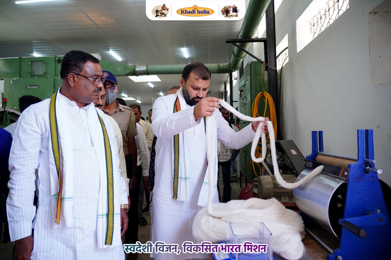 Manoj Goel inspecting cotton yarn at Khadi production facility